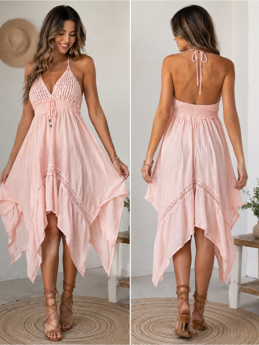 Pink Boho Handkerchief Hem Dress S/M